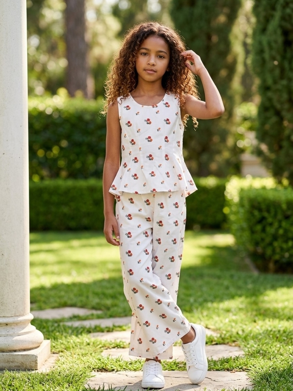 Girls Floral Cream Set - Sleeveless Peplum Top & Pants